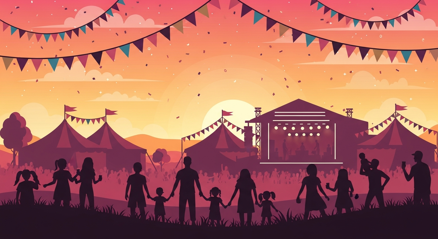 Festival at golden-hour sunset with tents and bunting